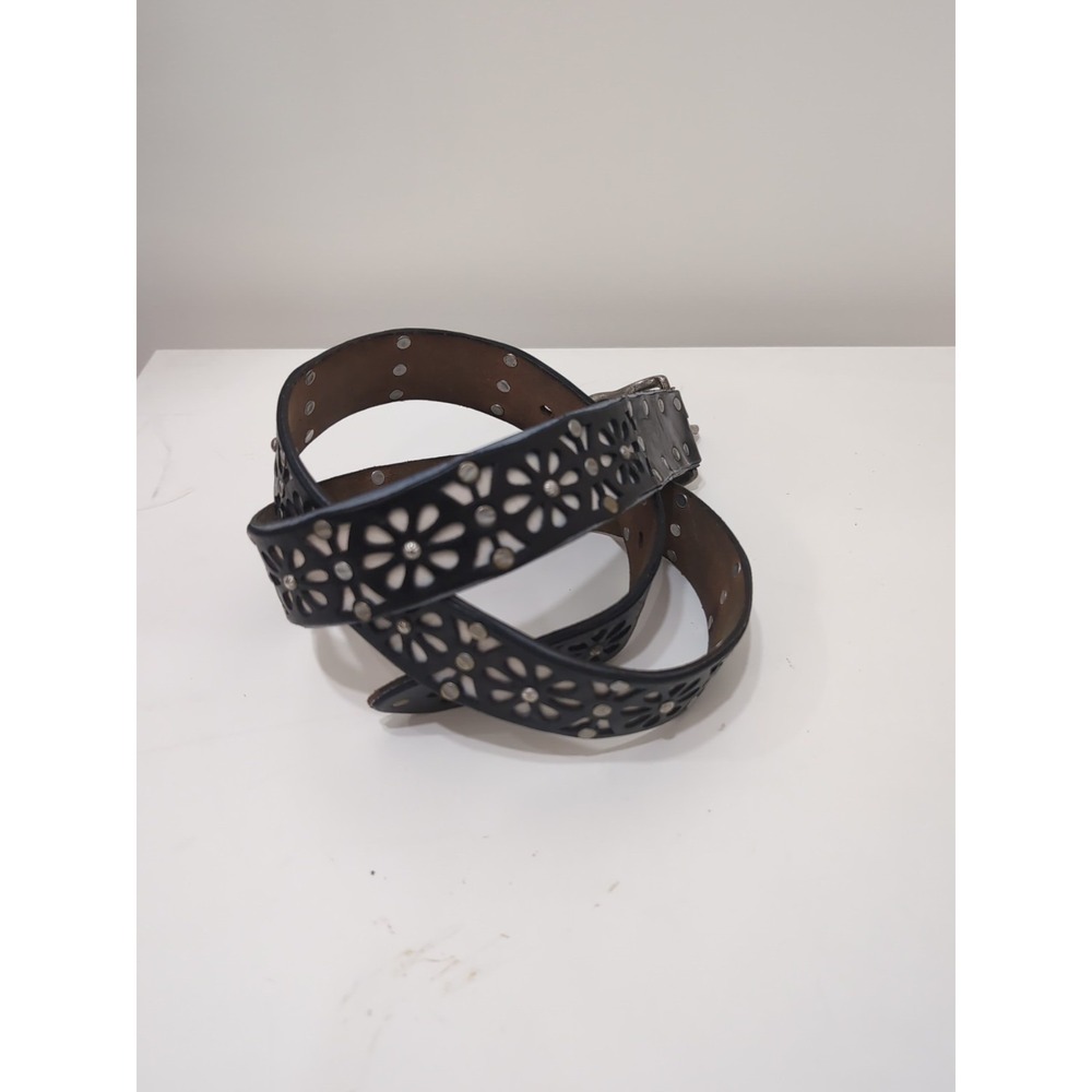 Lucky Brand Floral Cutout Belt Silver‎ Studs/Buckle Sz 36 Black Leather Boho